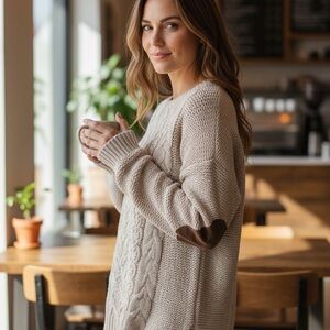 Elegant Beige Cable Knit Sweater with Elbow Patches | Cozy Neutral Knit